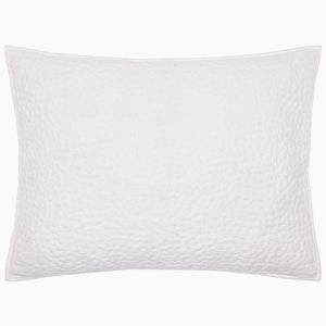 The John Robshaw Organic Hand Stitched White Sham is crafted from soft cotton voile with a hand quilted texture and a simple stitched border, shown here against a white background.