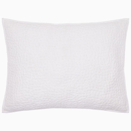 The John Robshaw Organic Hand Stitched White Sham is crafted from soft cotton voile with a hand quilted texture and a simple stitched border, shown here against a white background.