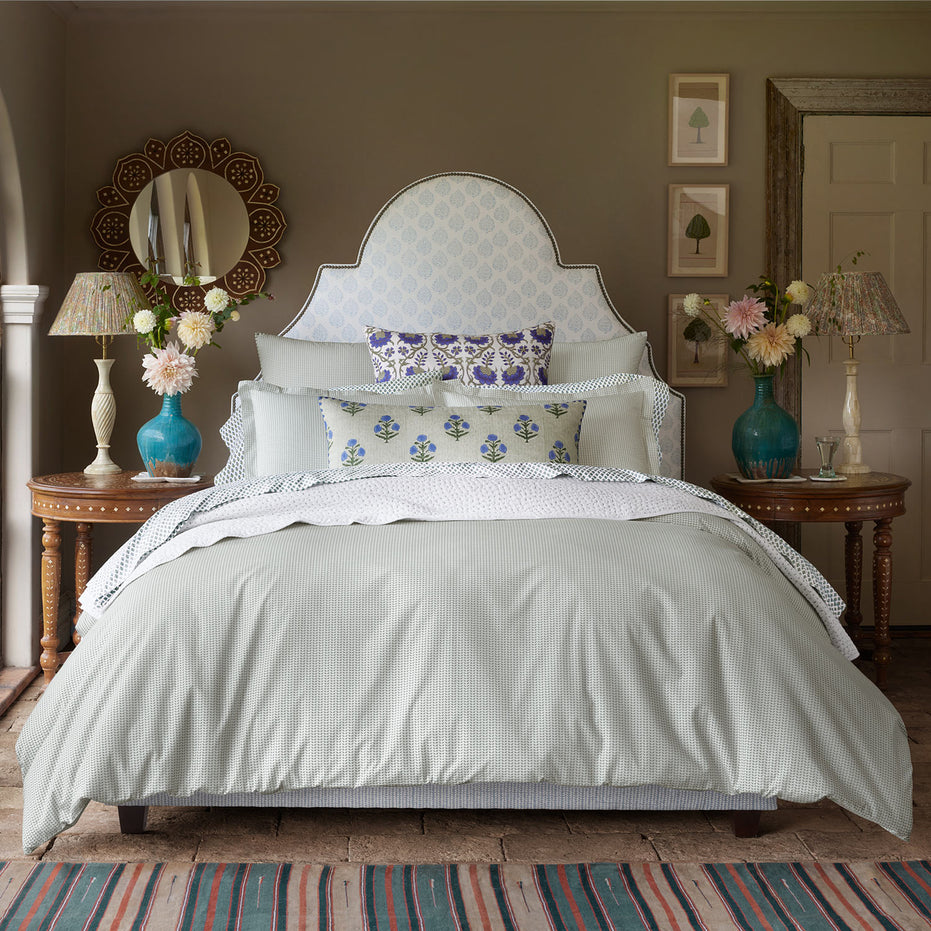 A John Robshaw Cinde Sage Organic Duvet, made with organic long staple cotton, featuring a 200 thread count, in a blue and white color scheme.
