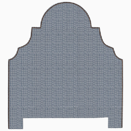 A Custom Dara Headboard by John Robshaw, with a blue and brown pattern, available for shipping.