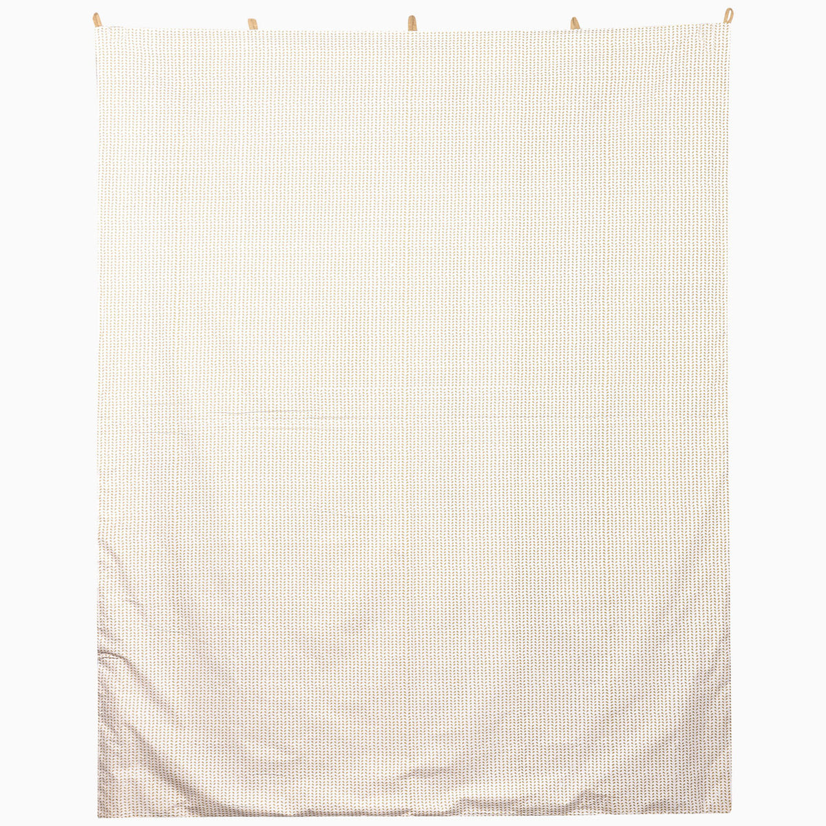 Thinking Ram Tapestry, a hand-painted rectangular piece featuring a repeating vertical pattern of small brown blackbuck antelope icons on a white background, suspended from five wooden loops.