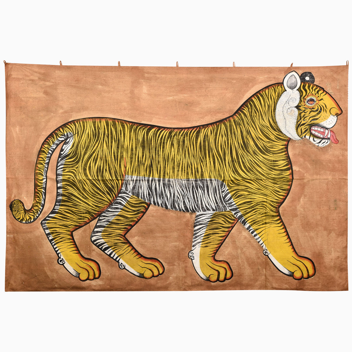 A rectangular Prowling Tiger Tapestry by John Robshaw featuring an Iqbal Tiger in profile with a striped body, bared teeth, and a protruding tongue, set against a solid tan background.