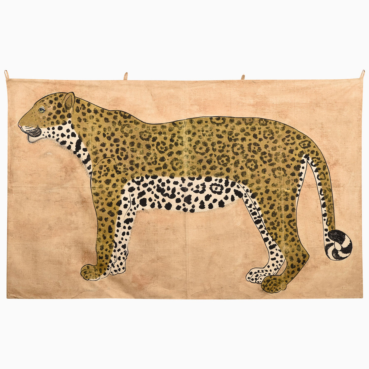 A Watchful Stance Tapestry featuring a stylized, side-profile illustration of a leopard in the style of Indian folk art on a tan background.