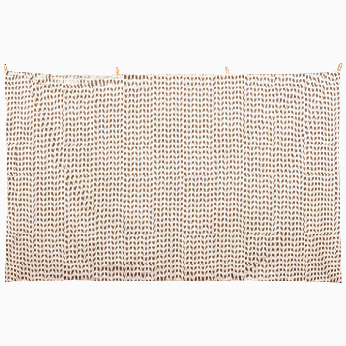 A Watchful Stance Tapestry is a rectangular fabric wall hanging featuring a dense, repeating brown and cream geometric pattern inspired by Indian folk art.