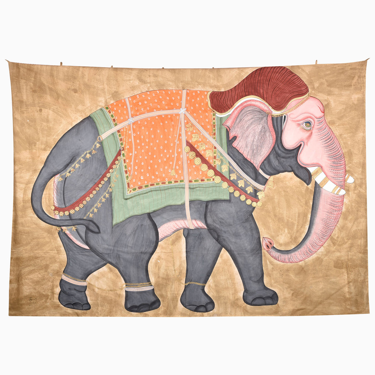 On the Move Tapestry featuring hand-painted elephant wall art with pink accents and an orange and green saddle on a gold background.