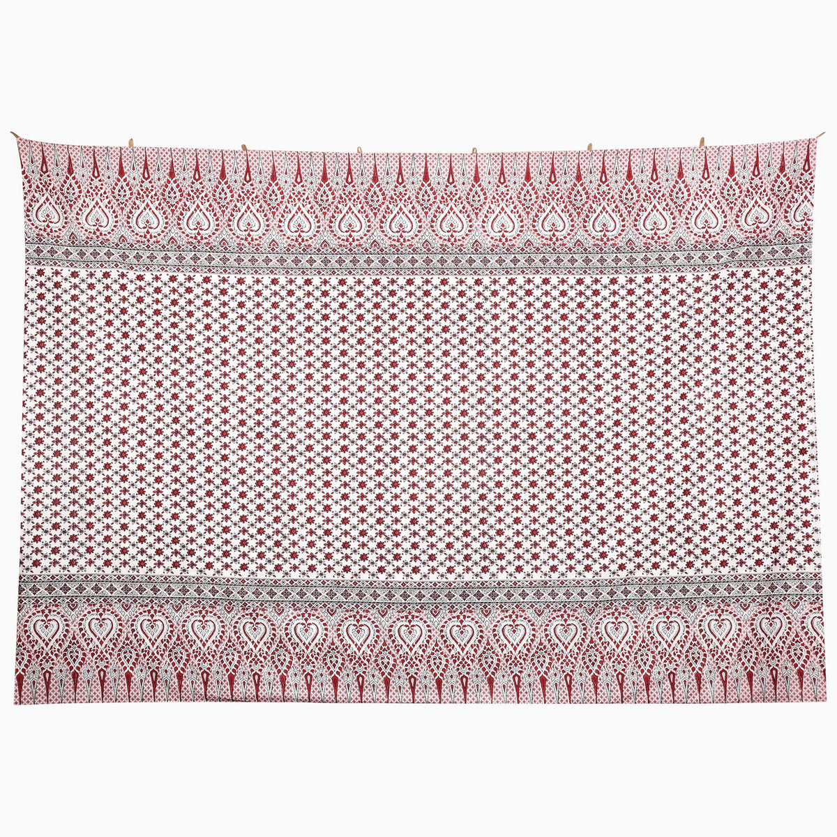 The On the Move Tapestry is a rectangular embroidered jhool with a white field of red floral patterns, bordered by red teardrop motifs and geometric lines.