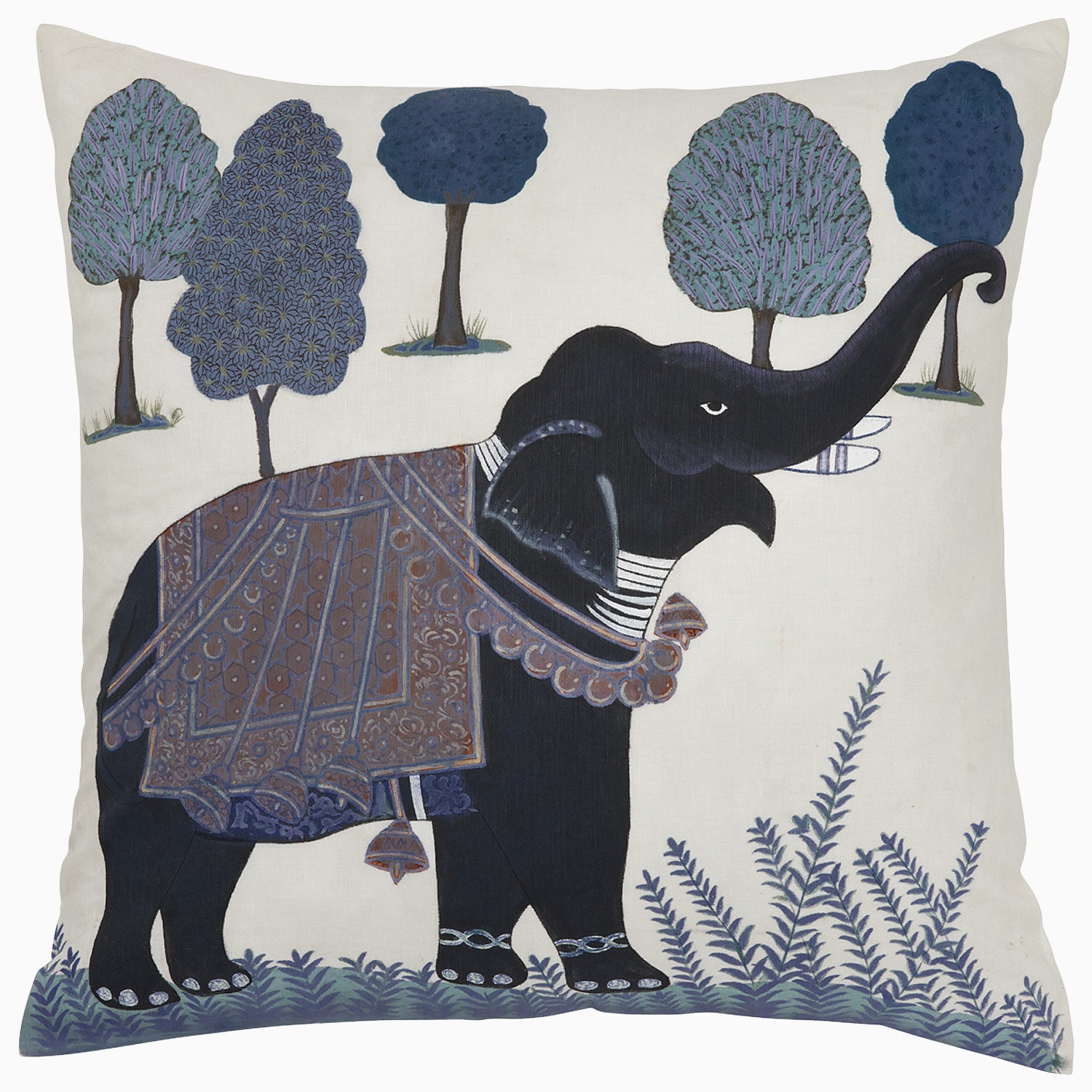 An Indigo Elephant Decorative Pillow by John Robshaw, made from cotton linen.