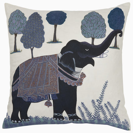 An Indigo Elephant Decorative Pillow by John Robshaw, made from cotton linen.