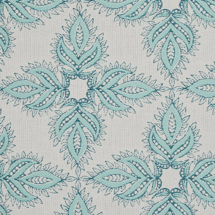 A blue and grey floral pattern on Diba Seaglass Performance Fabric by John Robshaw.