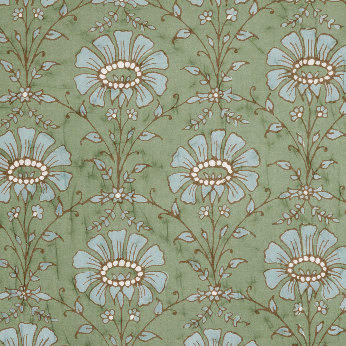 John Robshaw Jeeva Sage Quilt in hand-quilted sage green cotton voile featuring a repeating floral pattern of blue petals and brown stems.