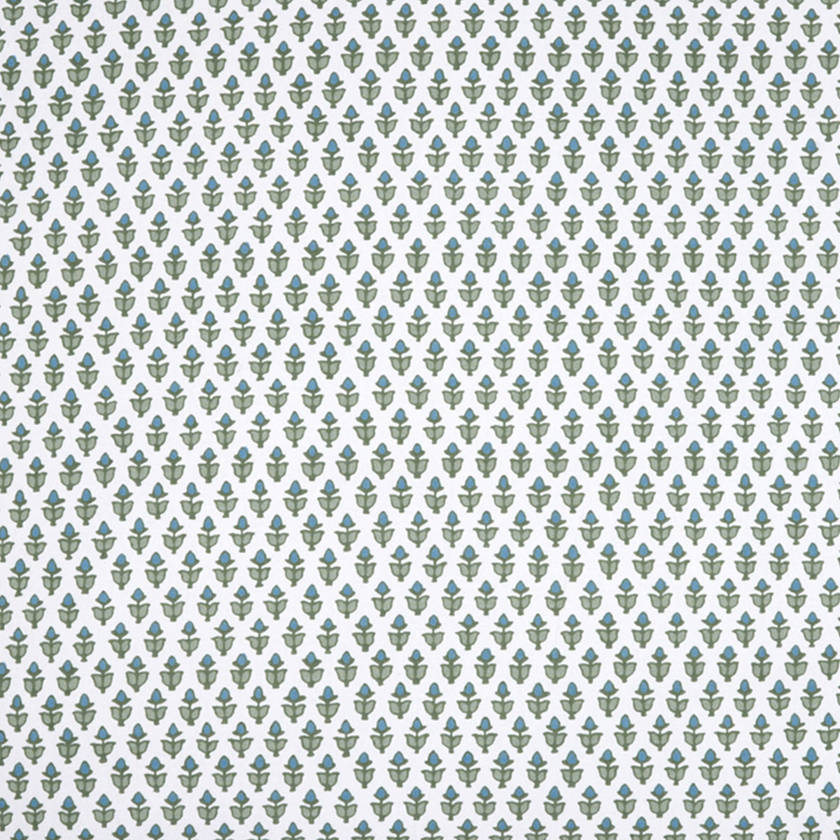 The Cala Sage Organic Shower Curtain by John Robshaw features a diagonal pattern of green and blue floral motifs on 400 thread count organic cotton.