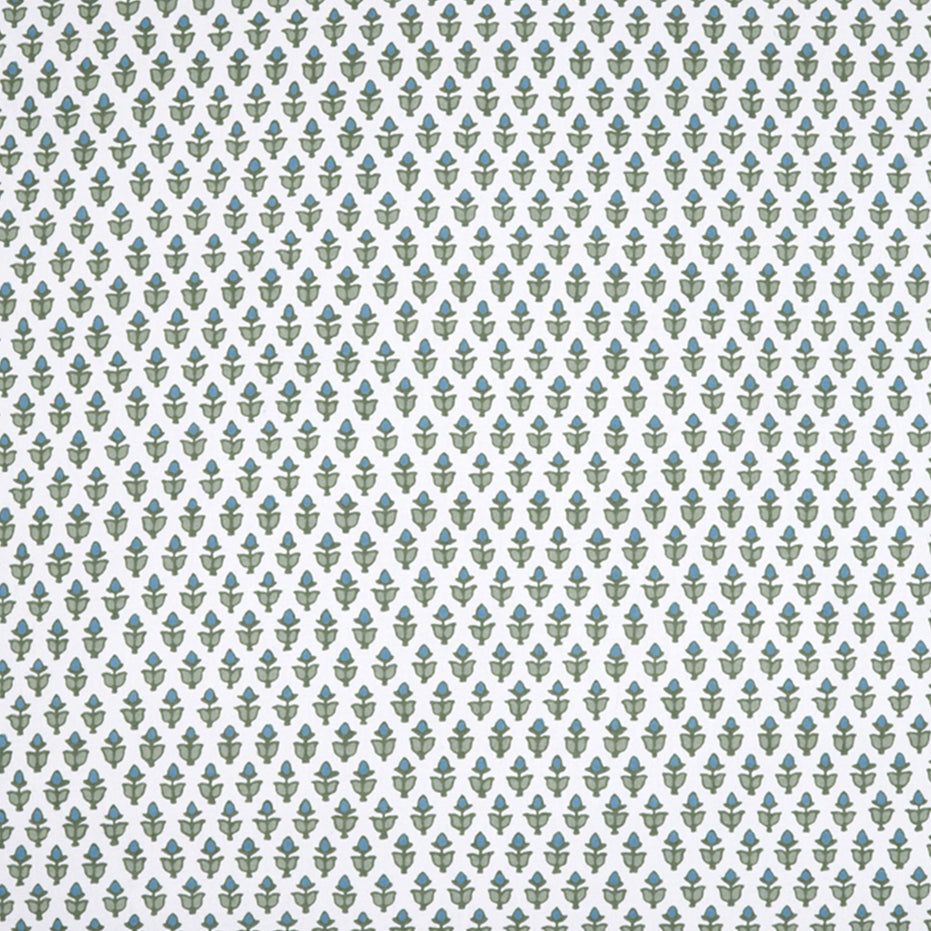 The Cala Sage Organic Shower Curtain by John Robshaw features a diagonal pattern of green and blue floral motifs on 400 thread count organic cotton.