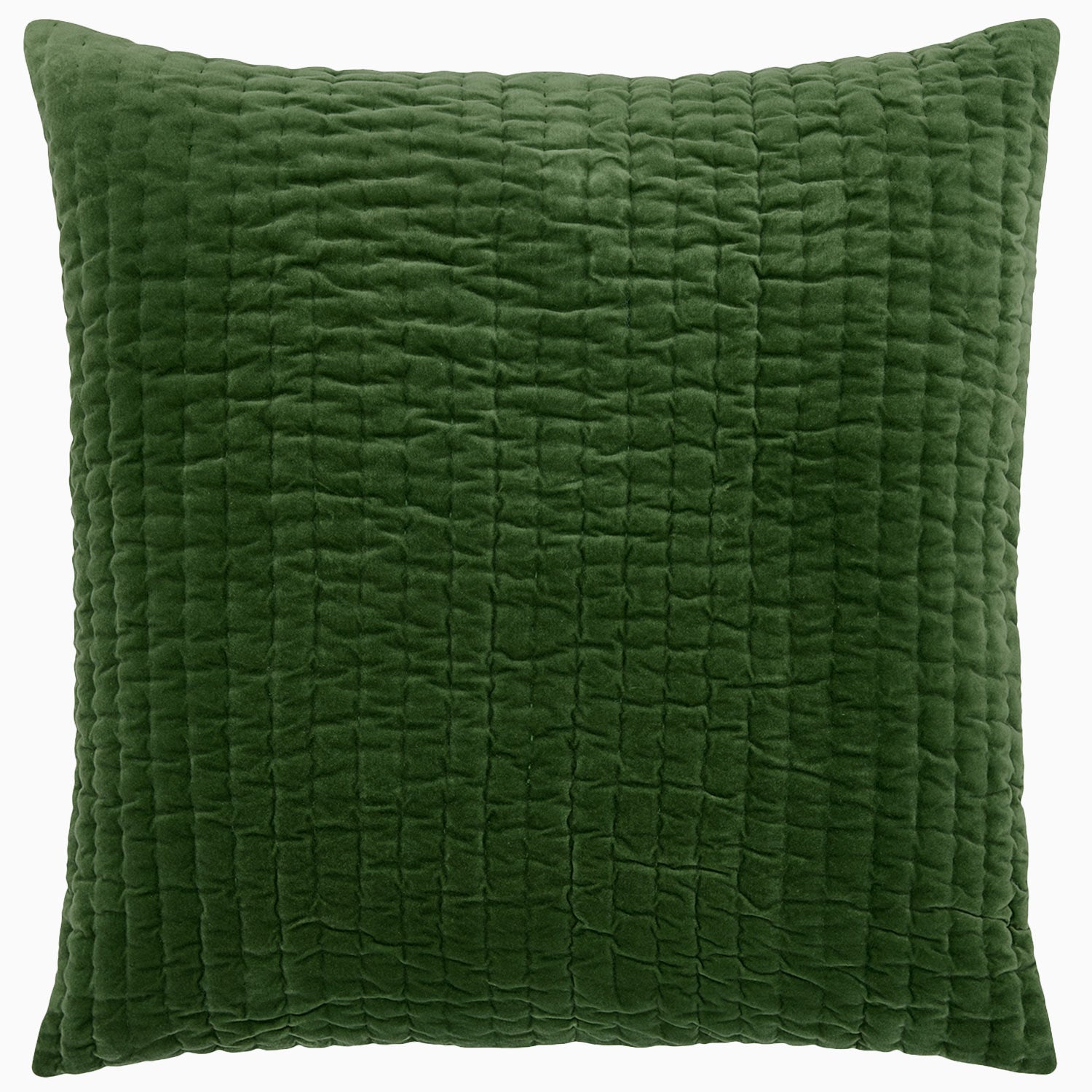 An exquisite Velvet Moss Quilt, hand quilted by Indian artisans and branded as John Robshaw, stands out against a pristine white background.