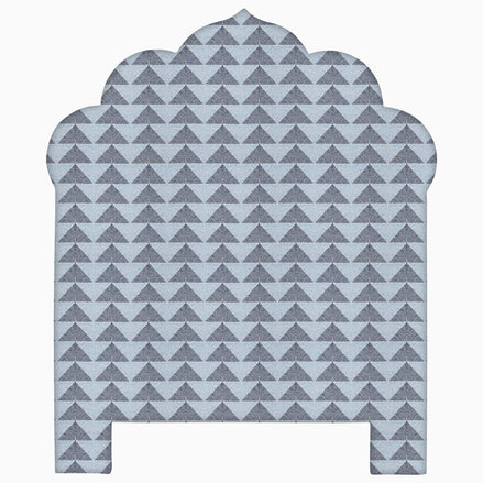 A John Robshaw Custom Bihar Headboard, a handmade blue and gray pattern with triangles on it, available for white glove delivery.