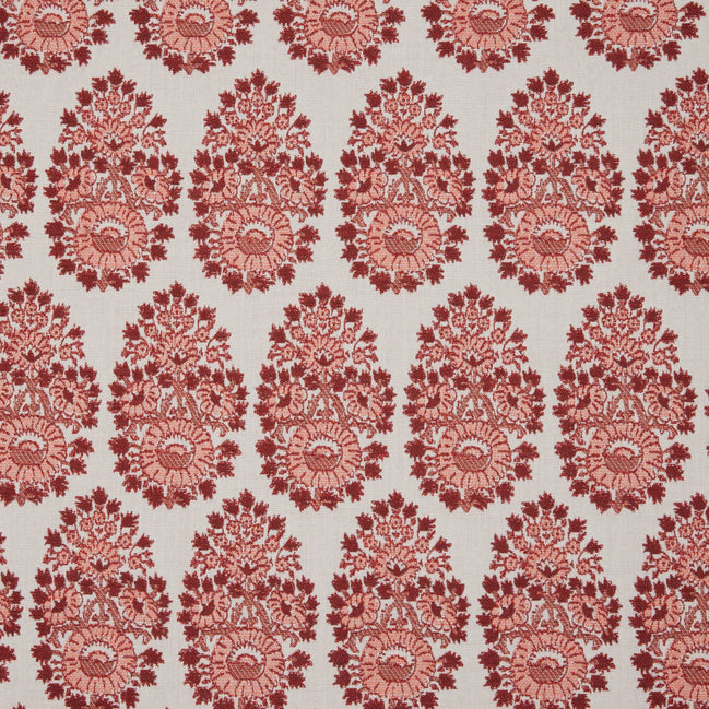 A red and white paisley pattern on a white background, inspired by fabric making traditions using the Lanka Berry Performance Fabric by John Robshaw.