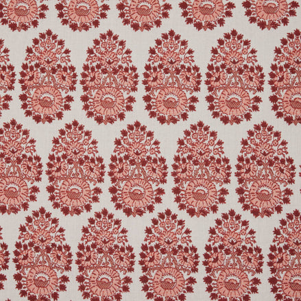 A red and white paisley pattern, inspired by fabric making traditions using the Lanka Berry Performance Fabric by John Robshaw.