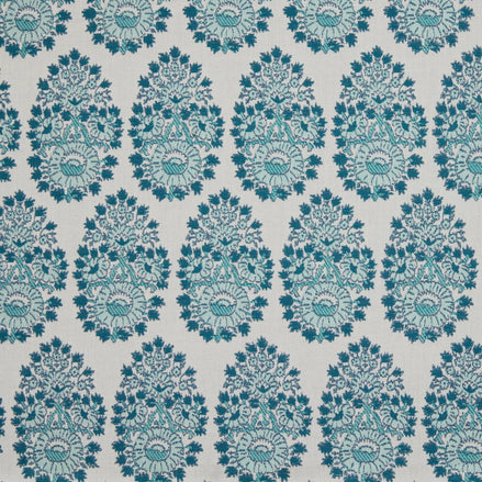 A blue and white paisley pattern, created using John Robshaw's Lanka Seaglass Performance Fabric.