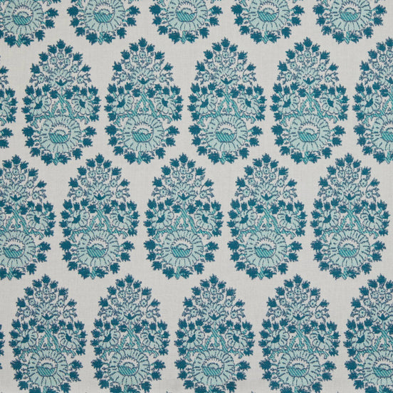A blue and white paisley pattern on a white background, created using John Robshaw's Lanka Seaglass Performance Fabric.
