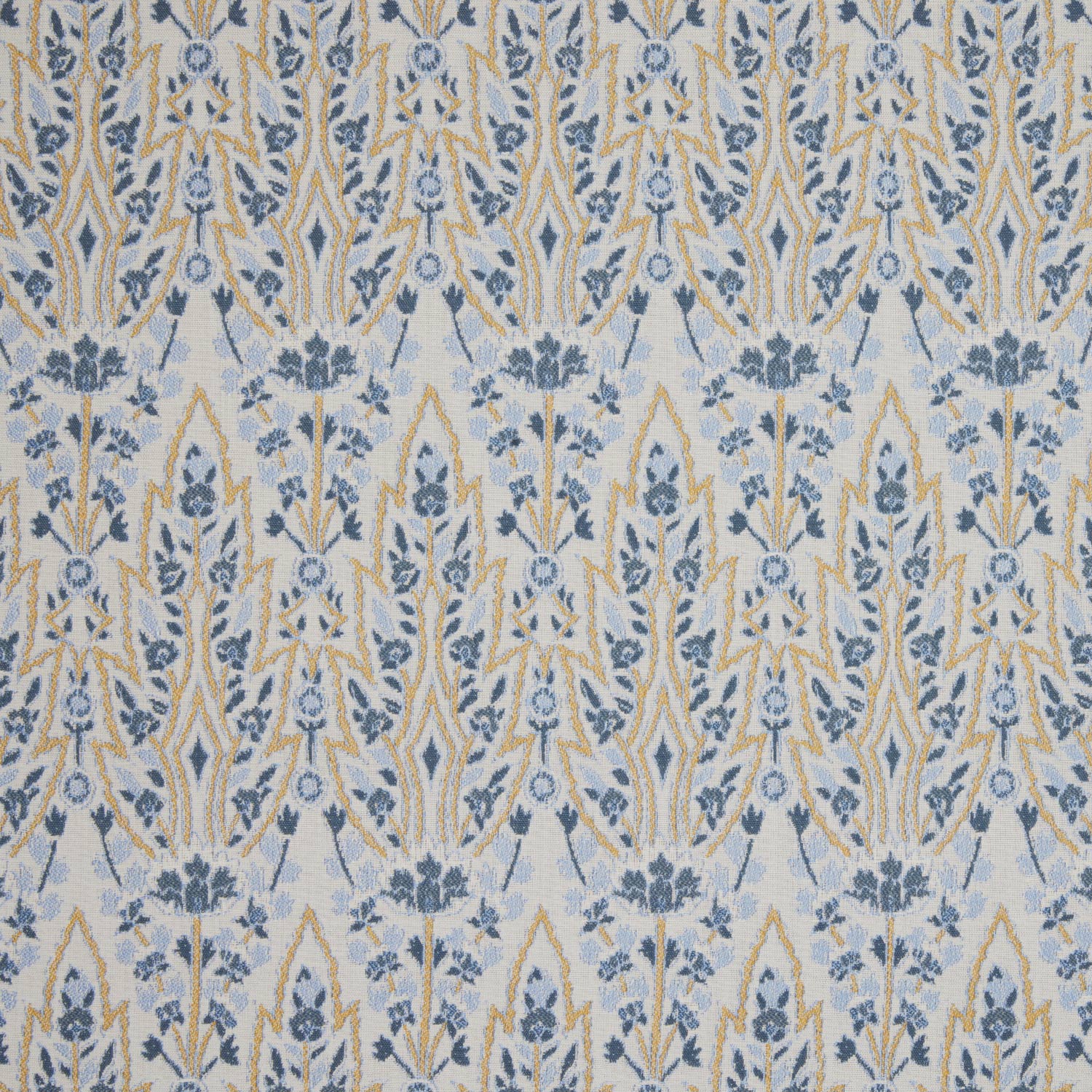A blue and yellow floral pattern on a white background inspired by the Mughal gardens of Shalimar Bagh, featuring the Marmar Marigold Performance Fabric by John Robshaw.