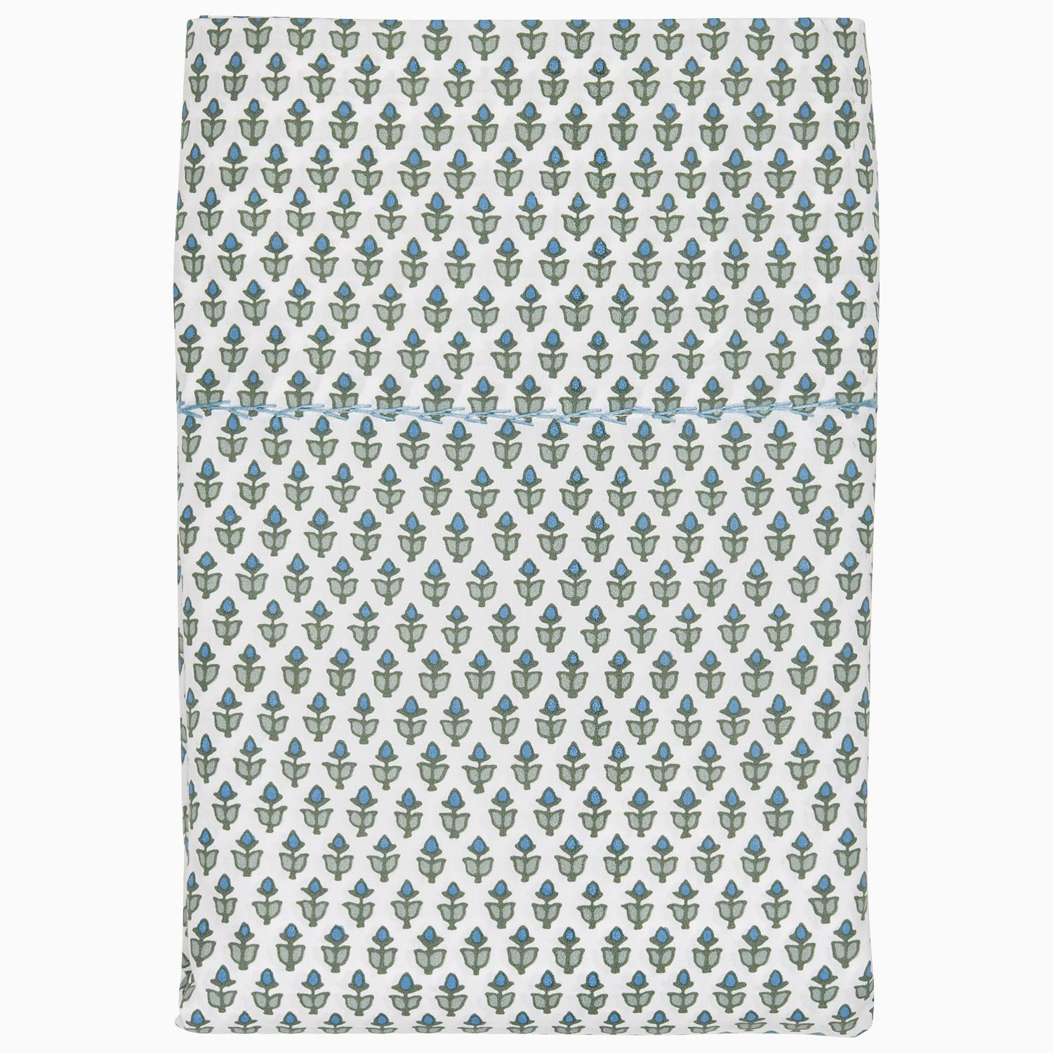 A white and blue blanket with a floral pattern made of Cala Sage Organic Sheets by John Robshaw.