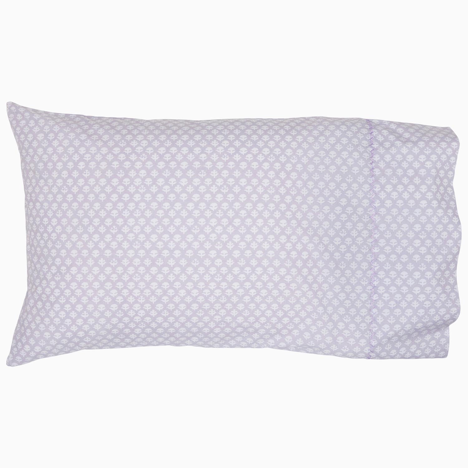 A Bindi Lavender Organic Sheet Set with a lavender and white polka dot pattern, designed by John Robshaw.