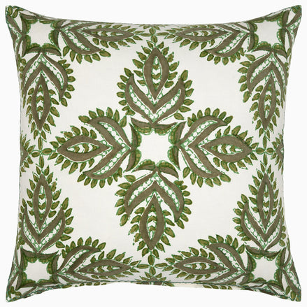A Verdin Dark Sage Decorative Pillow by John Robshaw, with embroidered leaves, hand block printed.
