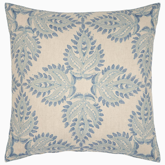 A Verdin Lapis decorative pillow by John Robshaw with a blue and white floral design.