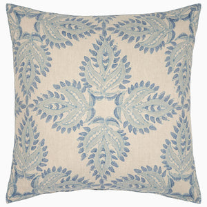 A Verdin Lapis decorative pillow by John Robshaw with a blue and white floral design.