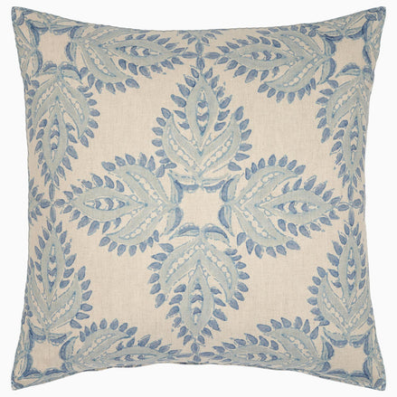 A Verdin Lapis decorative pillow by John Robshaw with a blue and white floral design.