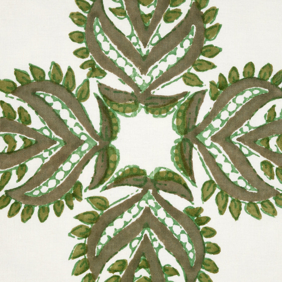 A John Robshaw Verdin Dark Sage Decorative Pillow with a hand block printed green leaf design on a white background.