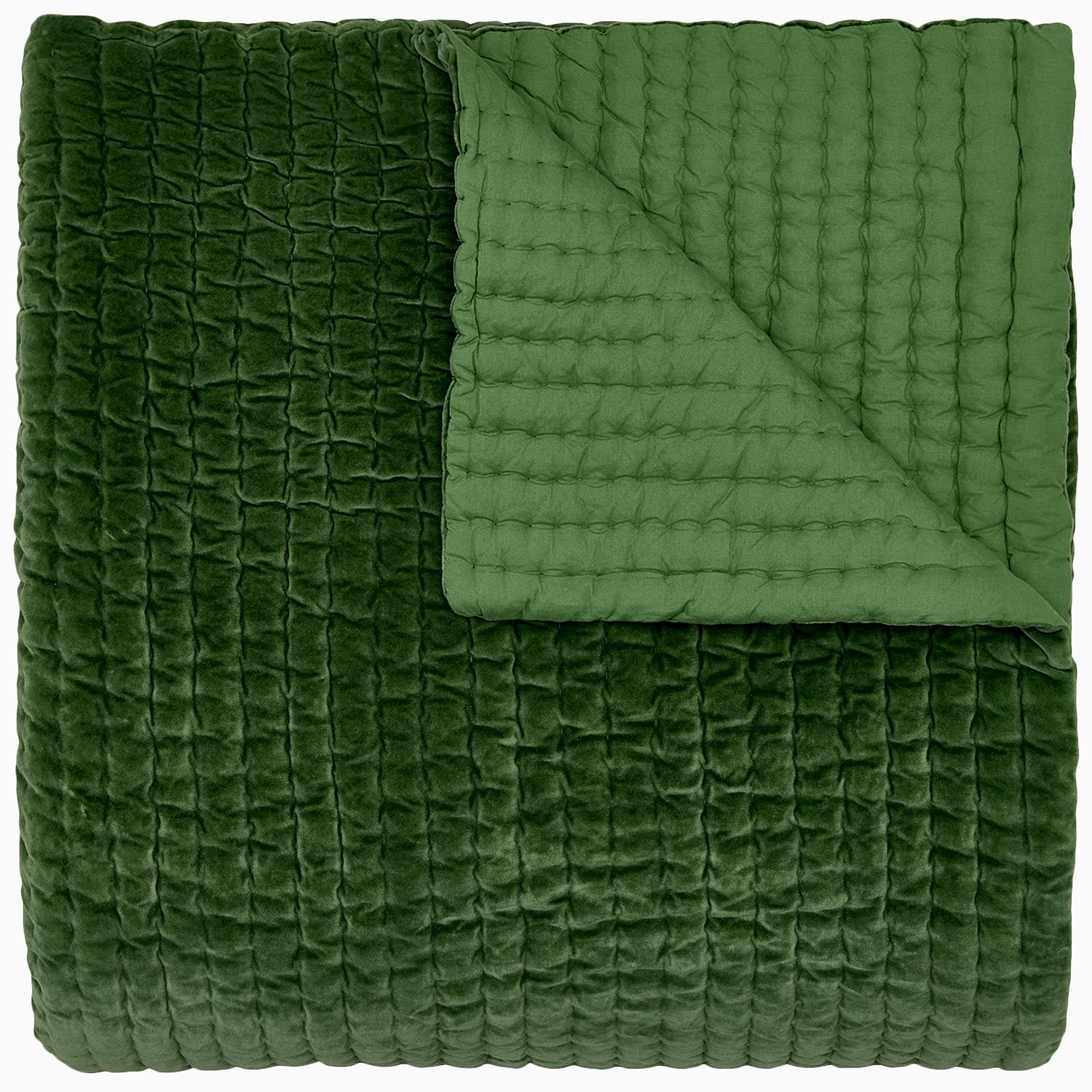 A Velvet Moss Quilt by John Robshaw, handcrafted by Indian artisans, on a white background.
