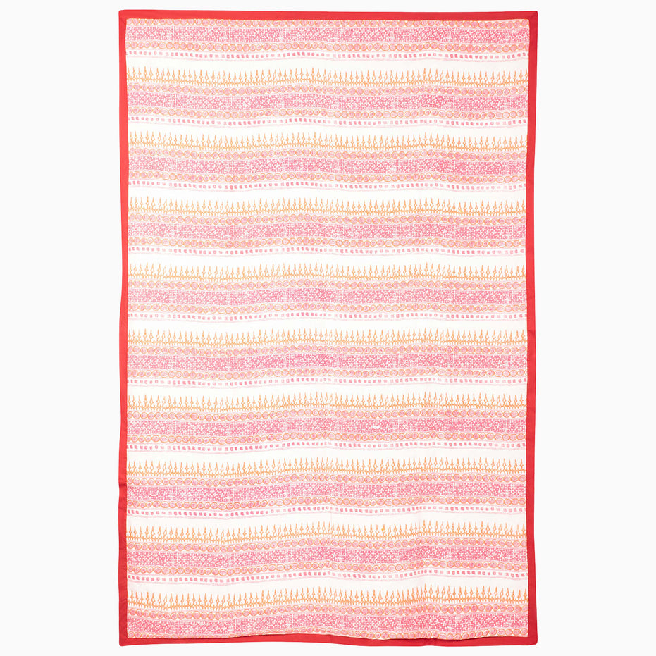 Rectangular vintage Come Along Then Suzani blanket with horizontal bands of pink and orange floral and geometric patterns, finished with a solid red border.