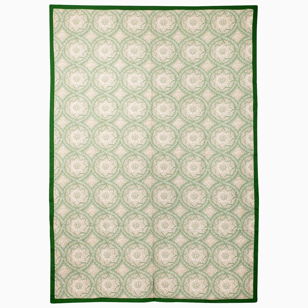Drawn In Thread Suzani Blanket featuring a vintage Suzani, repeating sage green and white geometric floral pattern, and a solid dark green border.