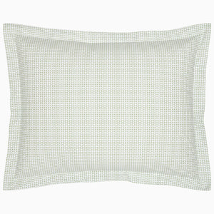 A John Robshaw Cinde Sage Organic Duvet with a green polka dot pillowcase on a white background.