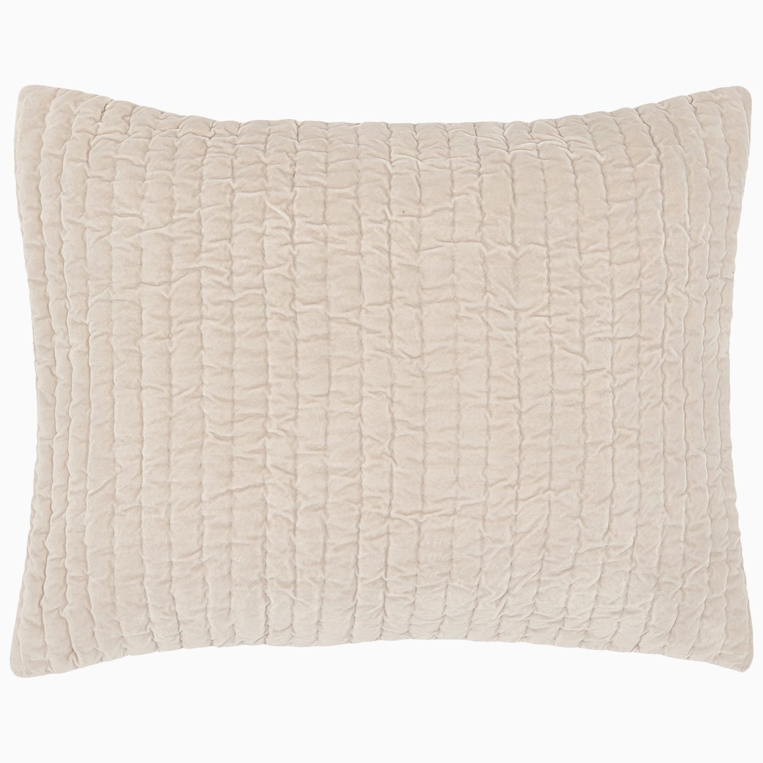 A soft beige Velvet Sand Quilt pillow on a white background, hand quilted by John Robshaw.