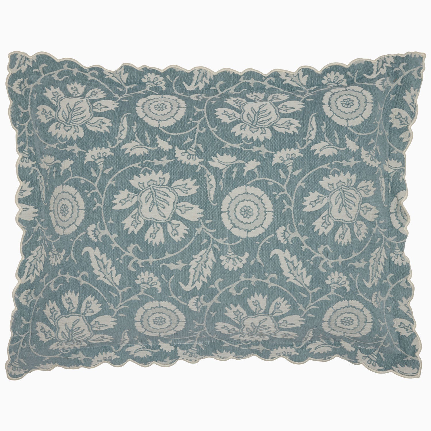 The John Robshaw Kimari Mist Coverlet showcases a blue background adorned with delicate woven florals, crafted from soft jacquard cotton chenille and finished with scalloped edges.