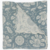 A partially unfolded Kimari Mist Coverlet by John Robshaw, showcasing its delicate woven floral patterns and scalloped edges in blue and white.