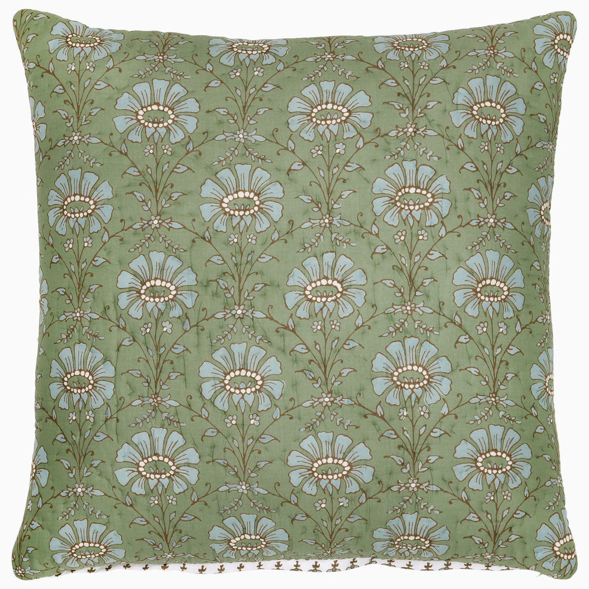 The Jeeva Sage Quilt by John Robshaw is a square throw pillow with a light green background showcasing a spring meadow design of white and light blue flowers with brown stems and leaves, all hand quilted from soft cotton.