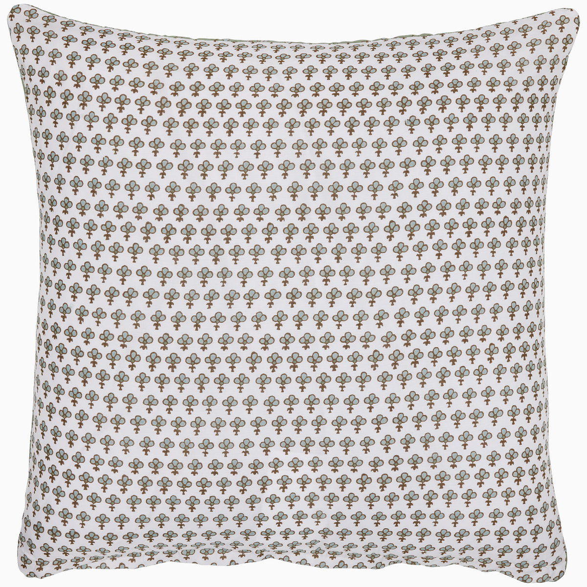 Square pillow from the Jeeva Sage Quilt collection by John Robshaw features a white background adorned with a spring meadow design of evenly distributed small, brown, and grey floral motifs.