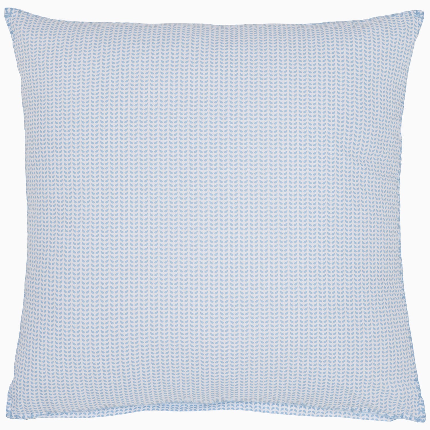 Square pillow featuring a light blue and white textured pattern, part of the John Robshaw Cinde Light Indigo Organic Duvet collection.