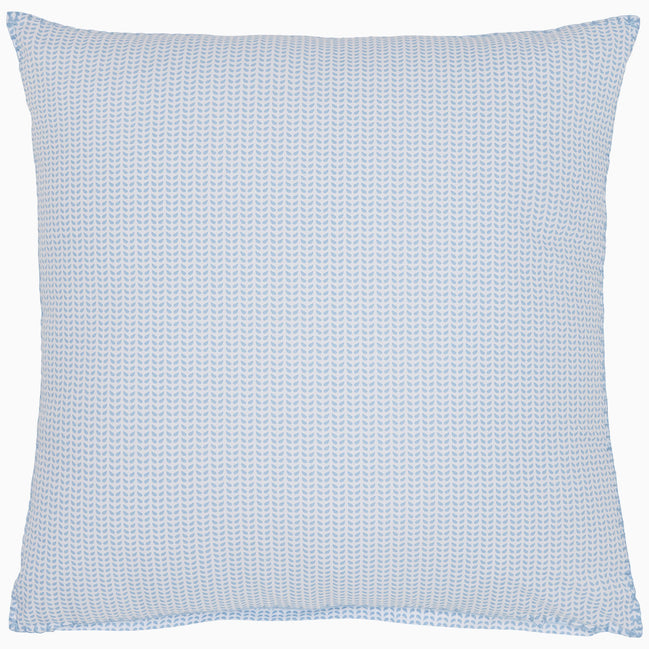 Square pillow featuring a light blue and white textured pattern, part of the John Robshaw Cinde Light Indigo Organic Duvet collection.