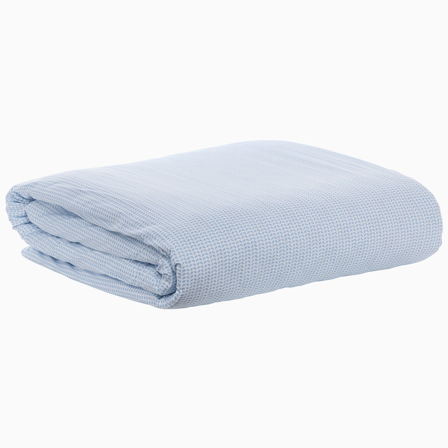 The Cinde Light Indigo Organic Duvet by John Robshaw, folded neatly on a white surface with its textured knit pattern, complements any décor alongside your stylized print bedding.