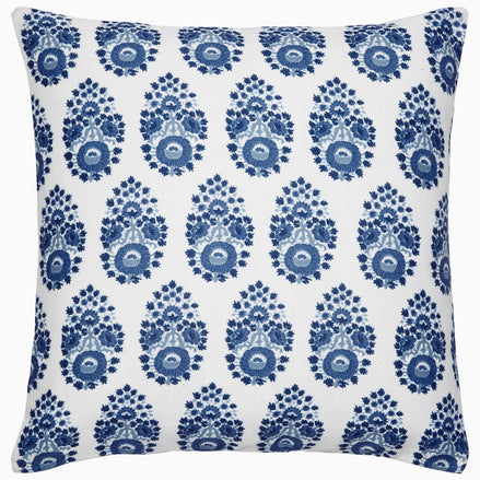 A small Adira Indigo Outdoor Decorative Pillow with a floral pattern of bhuti flowers by John Robshaw.