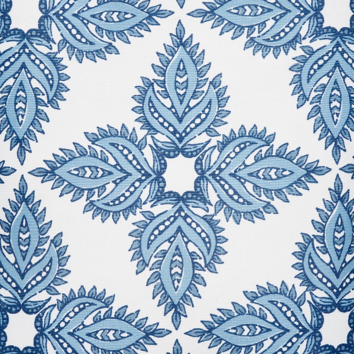 A Maira Indigo Outdoor Decorative Pillow by John Robshaw, with a blue and white paisley pattern on a white background, suitable for outdoor use.