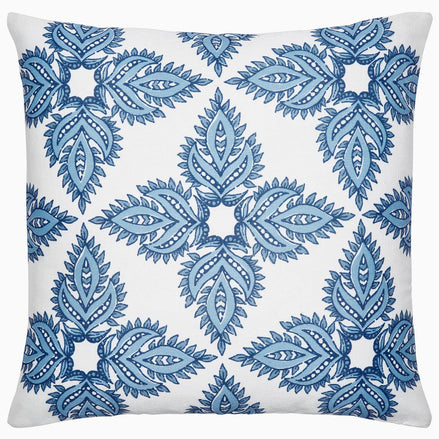 A Maira Indigo outdoor decorative pillow by John Robshaw with a floral pattern.
