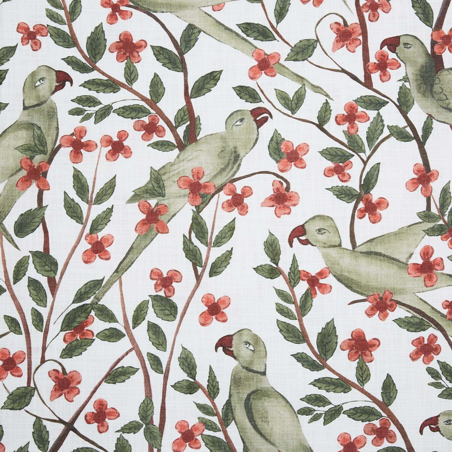 Handmade Suka Moss Fabric print of green parrots on a branch with red flowers by John Robshaw.