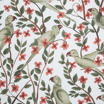 Handmade Suka Moss Fabric print of green parrots on a branch with red flowers by John Robshaw.