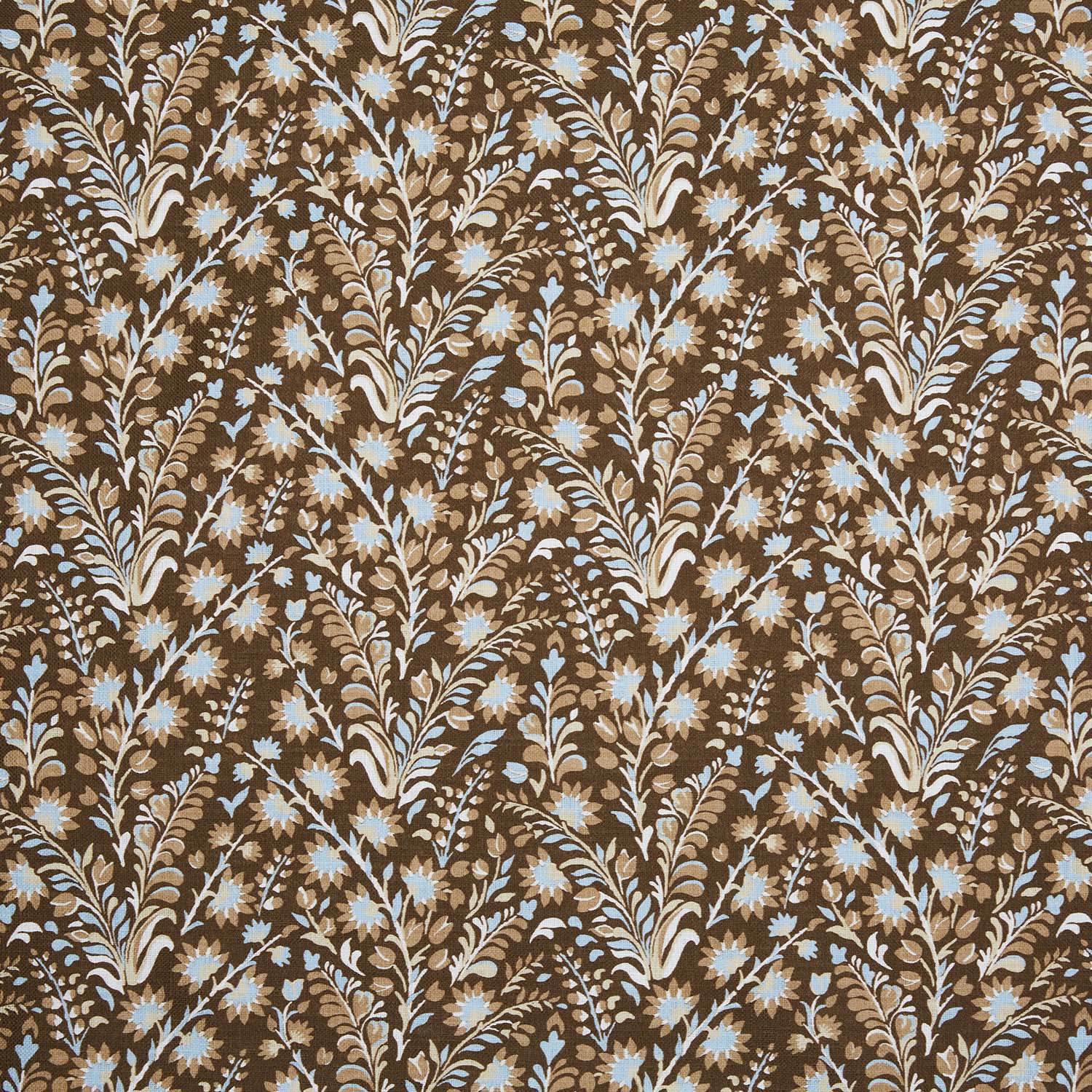 A Valli Chestnut Fabric with a digitally printed floral pattern in brown and blue by John Robshaw.
