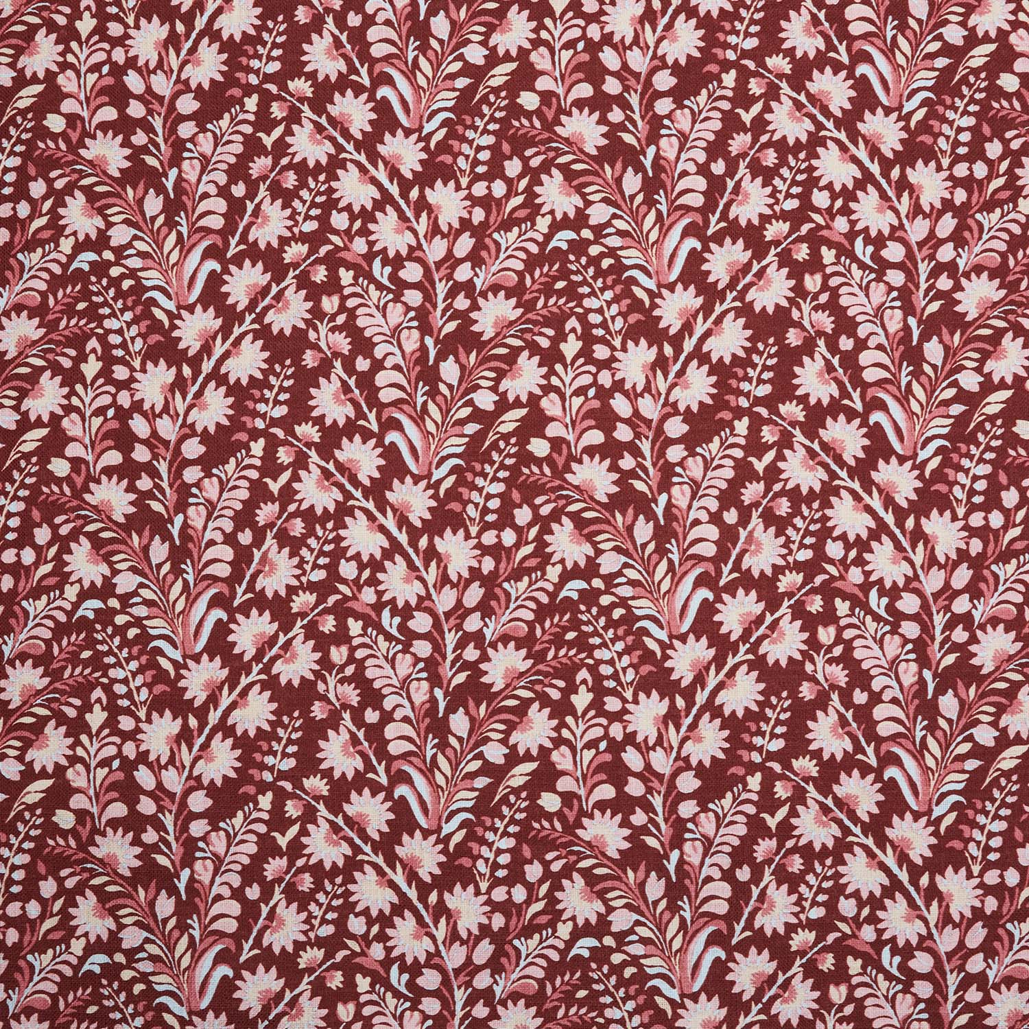 A John Robshaw Valli Teak Fabric, digitally printed red and white floral fabric.