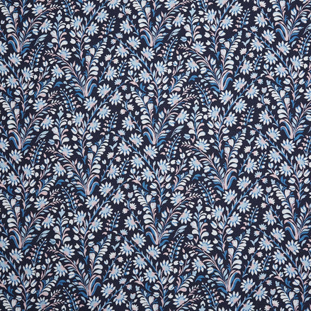 A Valli Indigo Fabric by John Robshaw, a blue and white floral printed fabric known for its handmade quality.